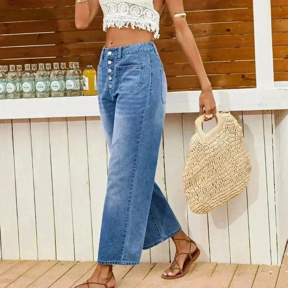 Medium Wash Casual Women's Loose Fitting Straight Leg Blue Denim Jeans